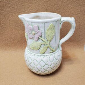 Vintage Majolica Pitcher Ceramic Hand Painted Floral Pink Flower Signed Basketwe
